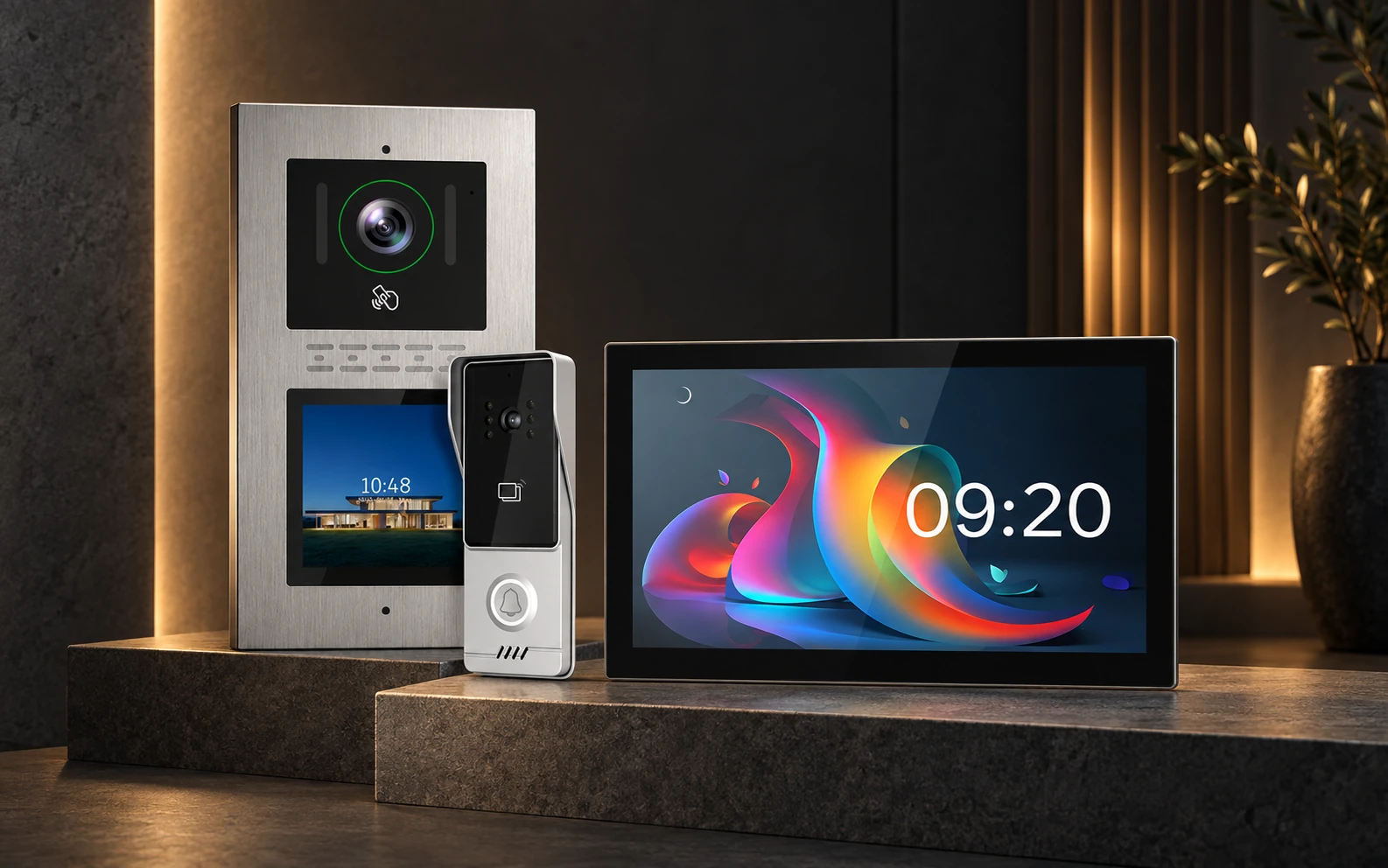 H21 monitor and outdoor-station options presented on dark architectural surfaces